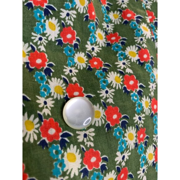 Handmade 70s Prairie Green Floral Cottagecore Farm Dress Lace Trim Button - Picture 12 of 16